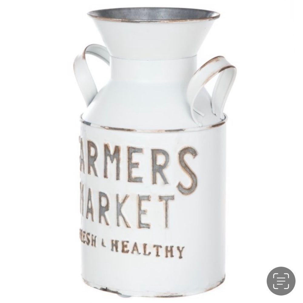 NWT Beautiful Farmers Market Metal Milk Jug vase Décor with Handles, White 10" H - Picture 7 of 15
